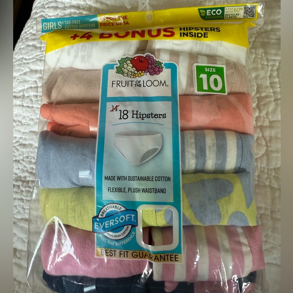 New size 10 Fruit of the Loom Tag-Free Hipsters Multi-Color 18 Pack